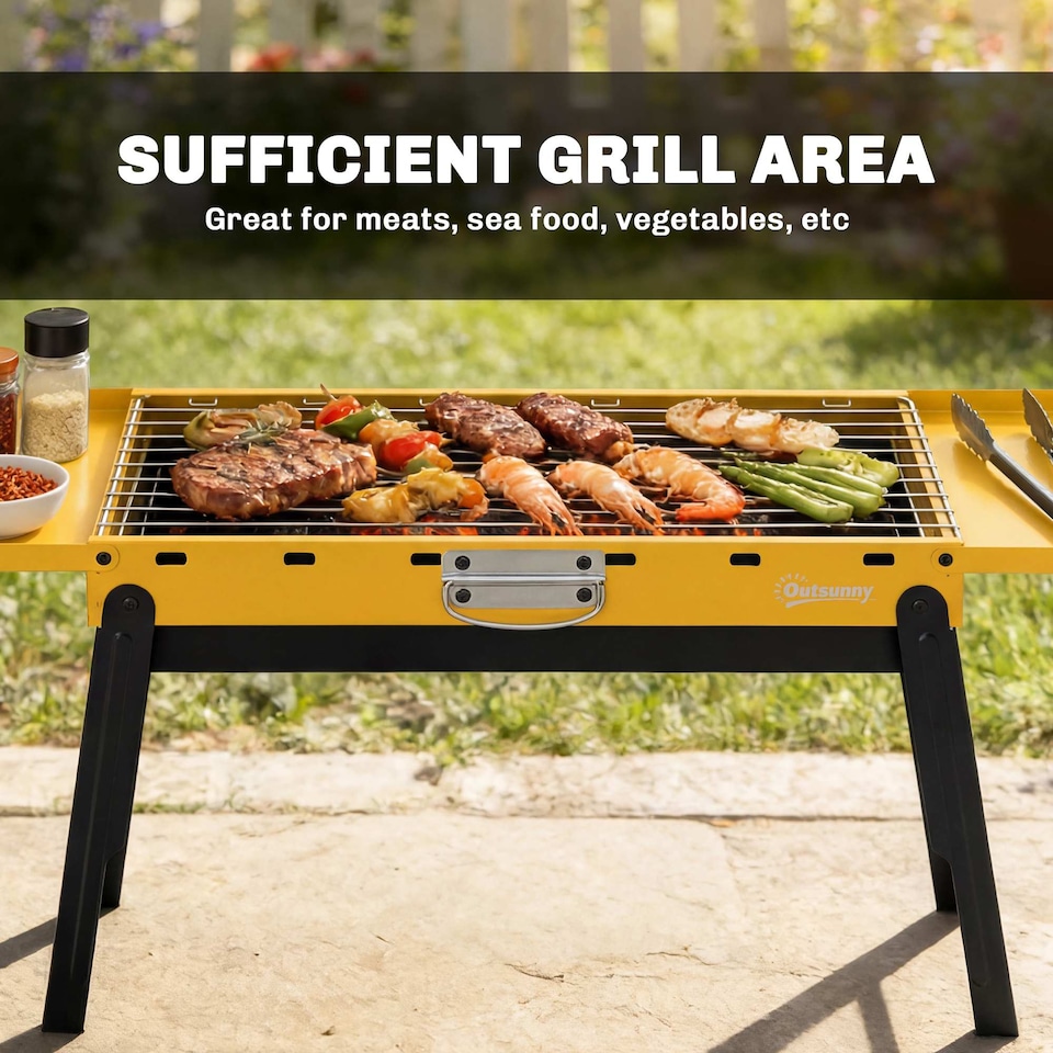 image 1 of Outsunny BBQ Grill, Charcoal Barbecue with 2 Side Shelves and Handle