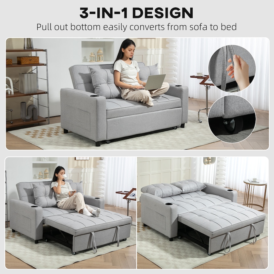 image 1 of HOMCOM 2 Seater Pull Out Sofa Bed with Pockets for Living Room Light Grey