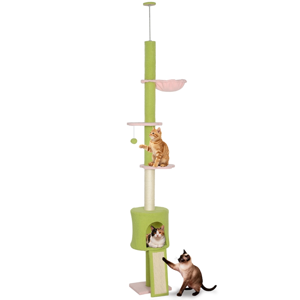 image 1 of PawHut Floor to Ceiling Cat Tree, 5-Tier Flower Cat Tower Adjustable Height 220-240 cm with Hammock, Condo, Scratching Posts, Ramp, Perches, Kitty Activity Centre for Indoor Kittens, Green