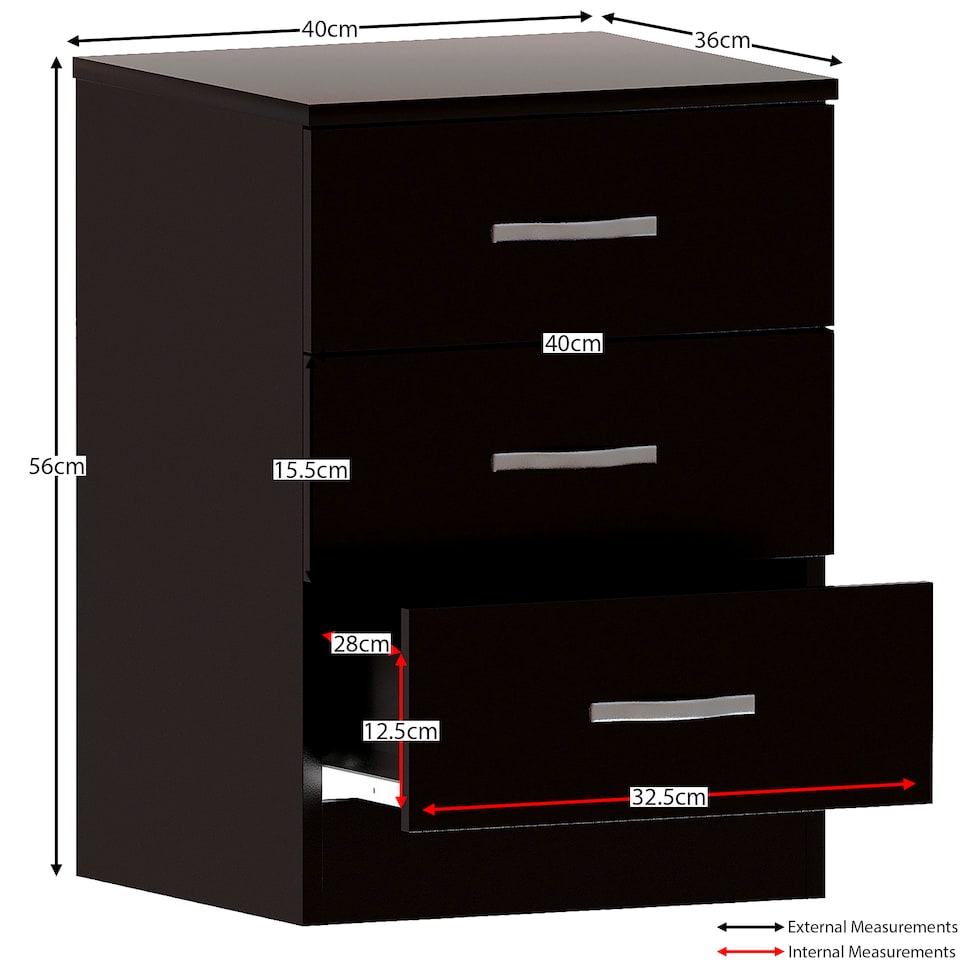 image 1 of Vida Designs Riano 3 Piece Bedroom Set (3 Drawer Bedside Chest, 5 Drawer Chest, 3 Door Wardrobe), Black (5)