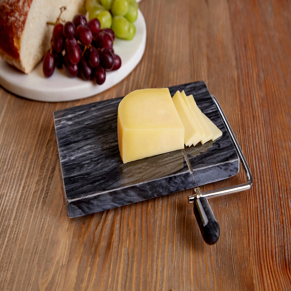 image 1 of Interiors by Premier Black Marble Cheeseboard with Slicer, Natural Marble Cheese Board with Built-In Stainless Steel Wire Cutter