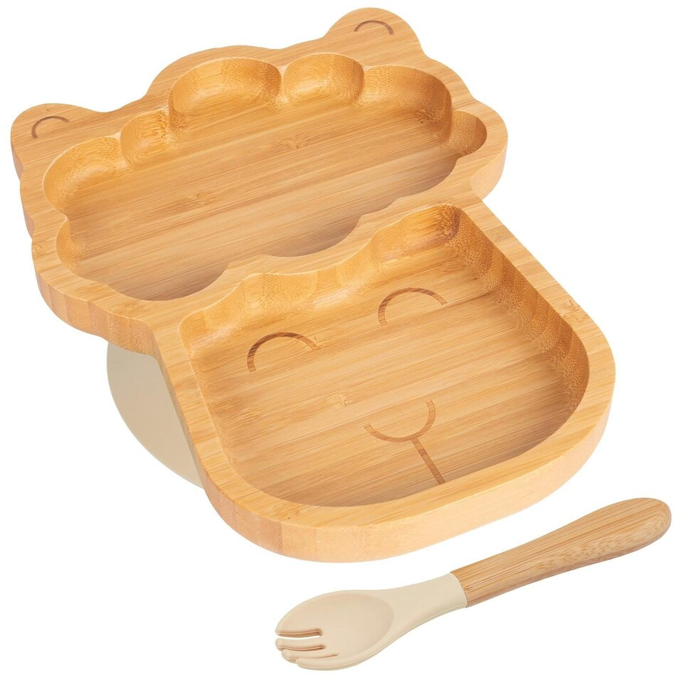 image 1 of Tiny Dining Bamboo Llama Baby Weaning Plate & Fork Set - Beige