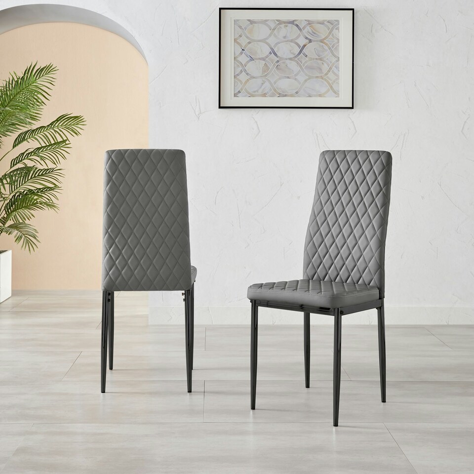 image 1 of Furniturebox 6x Milan Black Leg Grey Hatched Faux Leather Dining Chairs