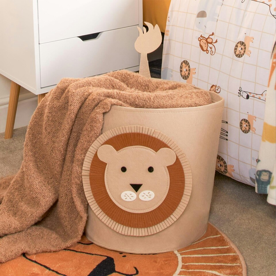 image 1 of OHS Kids Round Lion Felt Toy Storage Organiser Basket - Brown
