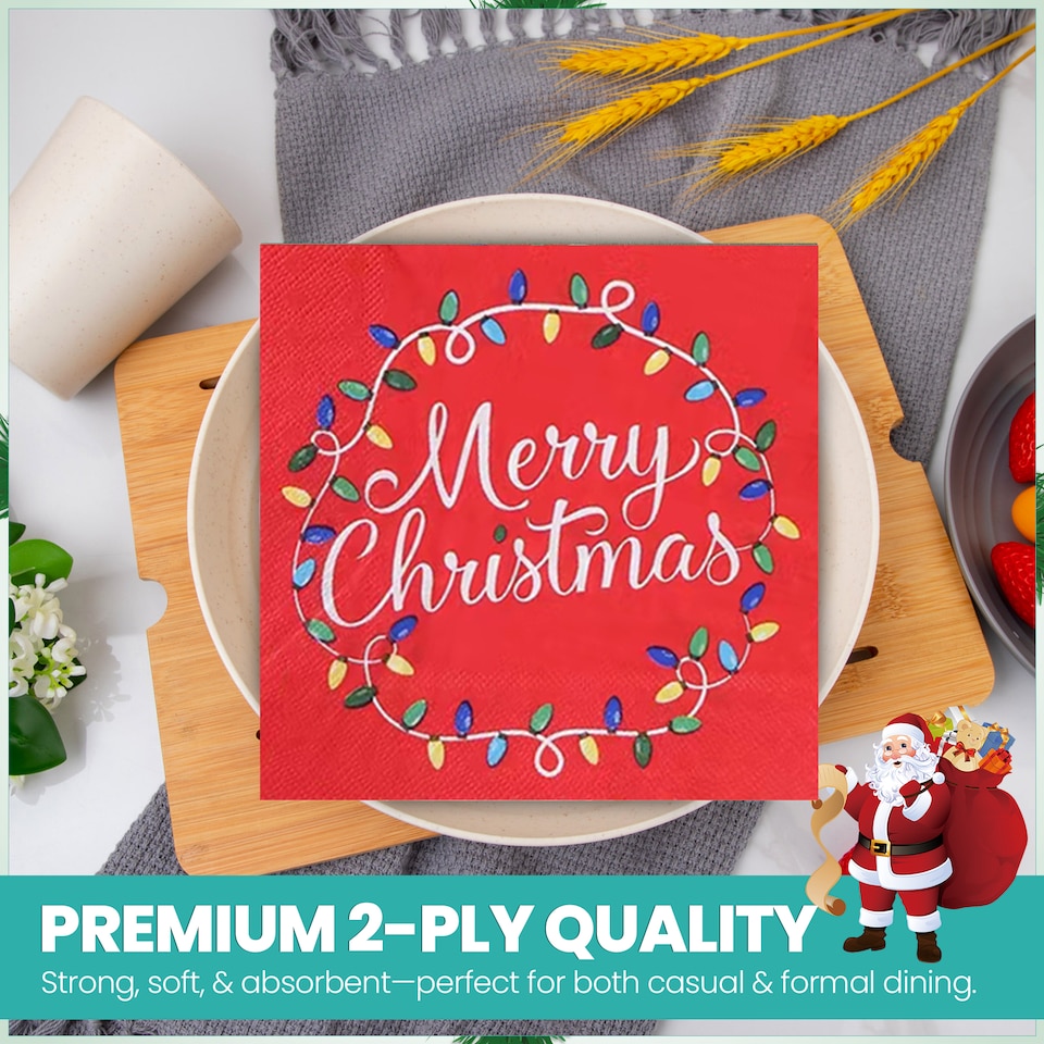 image 1 of 33 x 33cm Red 2 Ply Decorative Christmas Napkins - 20 Pack