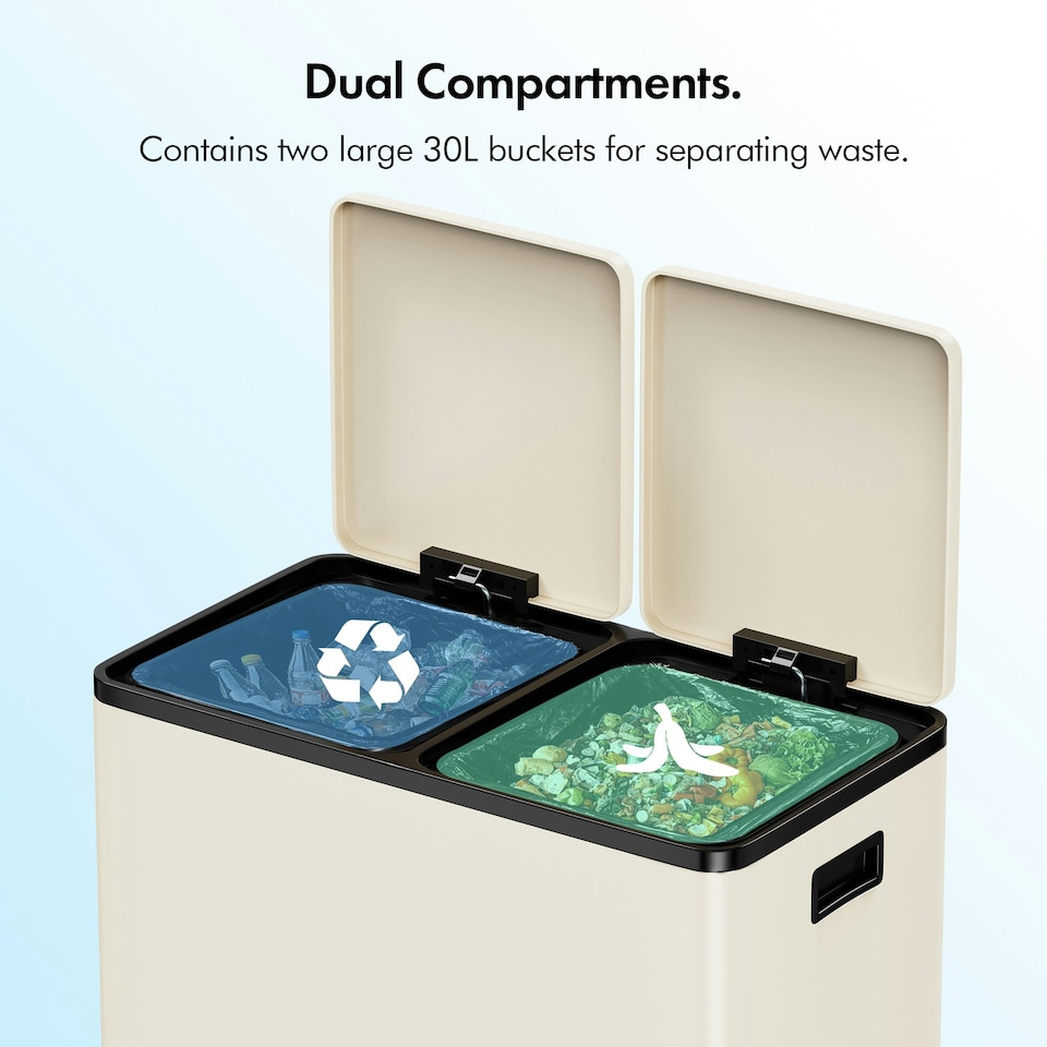 image 1 of VonHaus 60L Cream Kitchen Bin, Large 2 Compartment Recycling Bin (2 x 30L) Cream