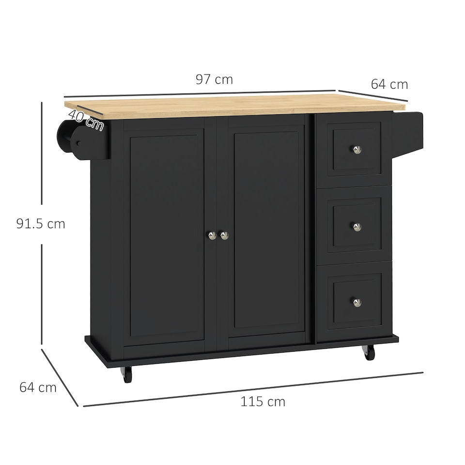 image 1 of HOMCOM Kitchen Island on Wheels, Kitchen Cart with Drop Leaf, Black