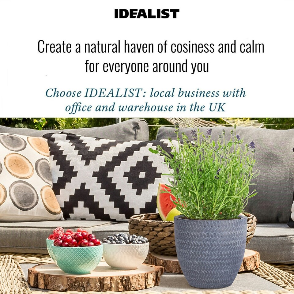 image 1 of Plaited Style Grey Round Garden Planter, Outdoor Plant Pot D24 H23 cm, 10.4 ltrs Cap.