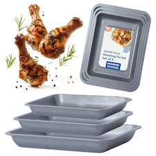 Space Saving Non-Stick Stackable 6 Piece ( 35cm, 31cm & 28cm) Roasting Tin Tray Set Silver