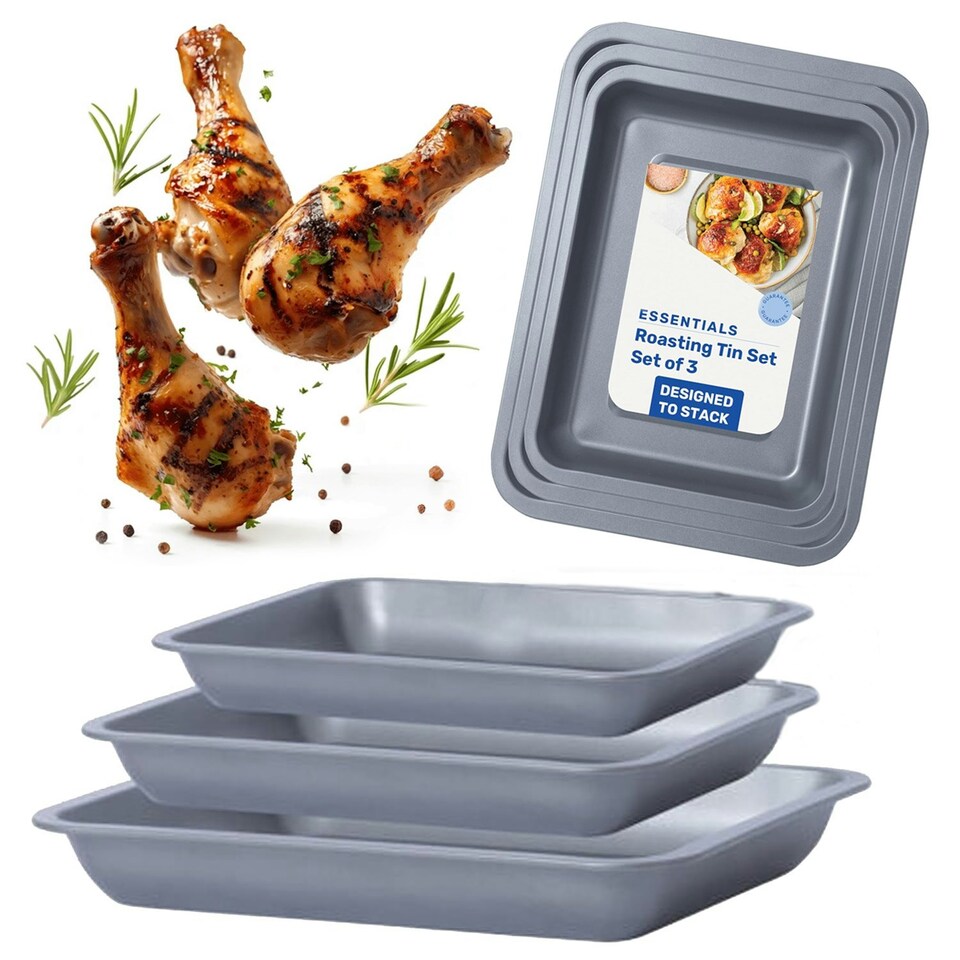image 1 of Space Saving Non-Stick Stackable 6 Piece ( 35cm, 31cm & 28cm) Roasting Tin Tray Set Silver