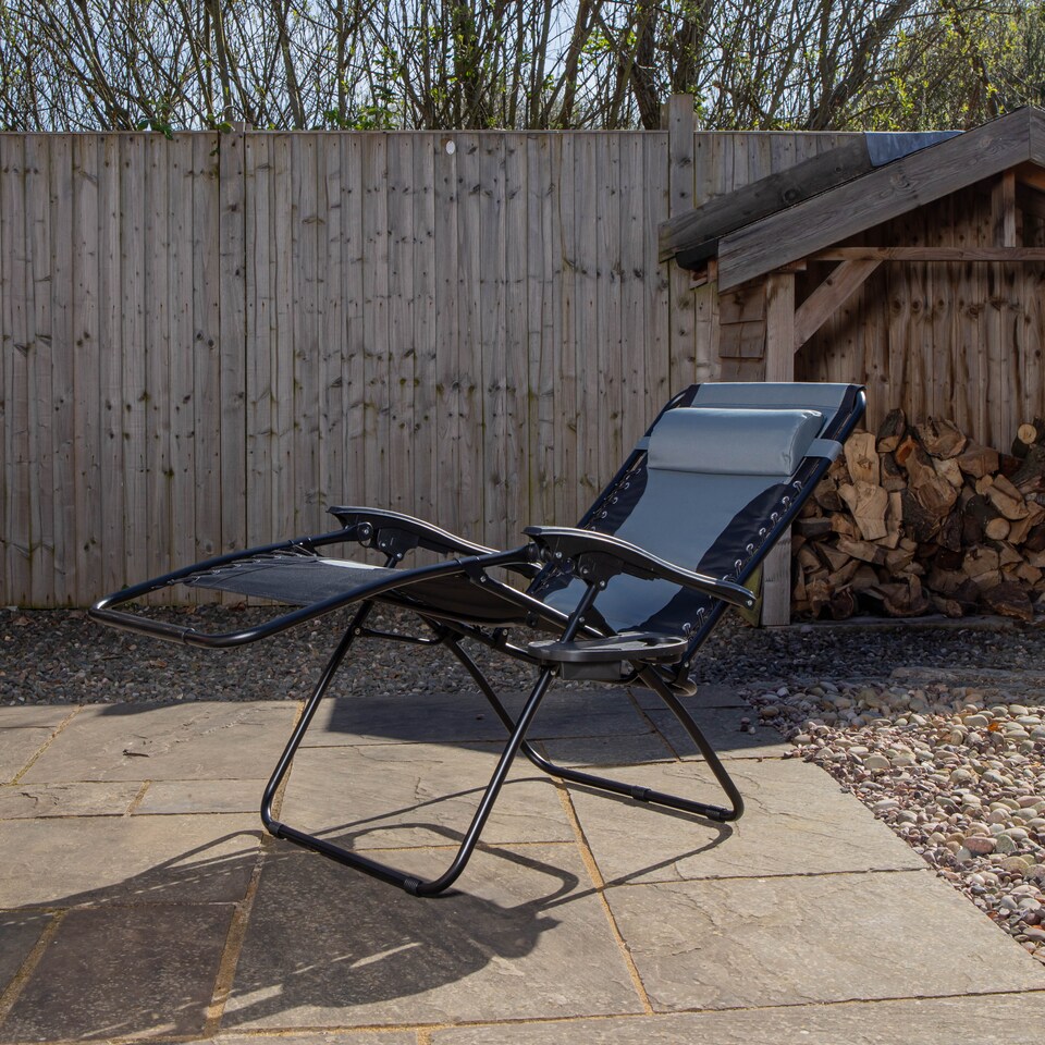 image 1 of Set of 2 Luxury Padded Multi Position Zero Gravity Garden Relaxer Chair Lounger in Grey & Black