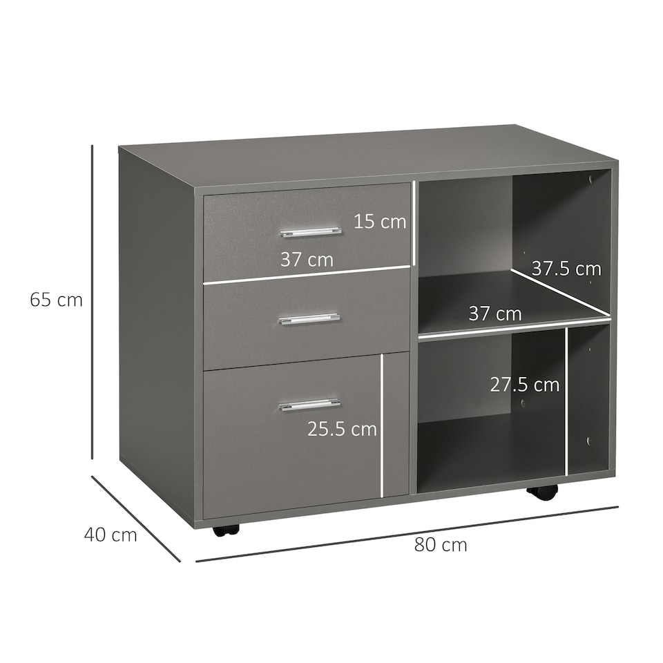 image 1 of HOMCOM Freestanding Printer Stand Unit Office Desk Side Mobile Storage w  Wheels 3 Drawers, 2 Open Shelves Modern Style 80L x 40W x 65H cm - Grey