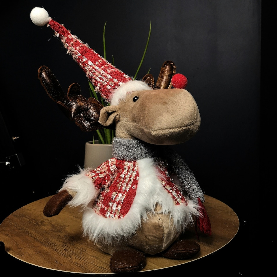 image 1 of 38cm Plush Reindeer Christmas Decoration with Hat and Scarf in Red