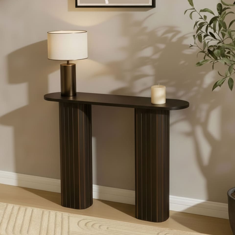 image 1 of OHS Madison Console Table Ribbed Engineered Wood Entryway Display Desk | Brown | Dark Brown