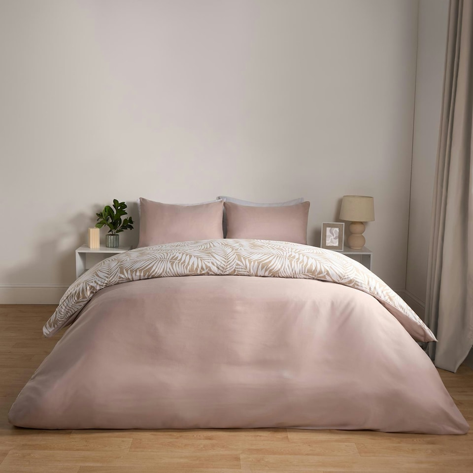 image 1 of OHS Tropical Leaf Print Reversible Plain Duvet Quilt Cover Bedding Set, King - Natural/White