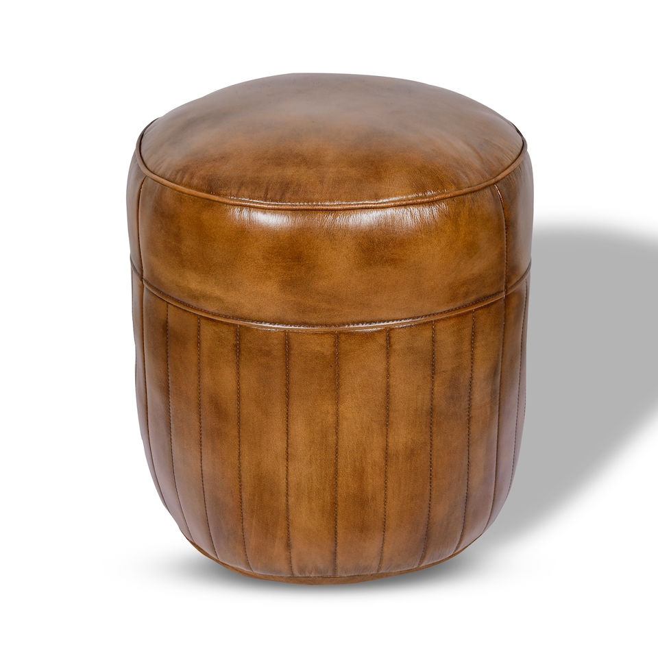 image 1 of Real Genuine Leather Round Pommel Footstool Ottoman Tan Brown 52cm High x 46cm Fully Assembled