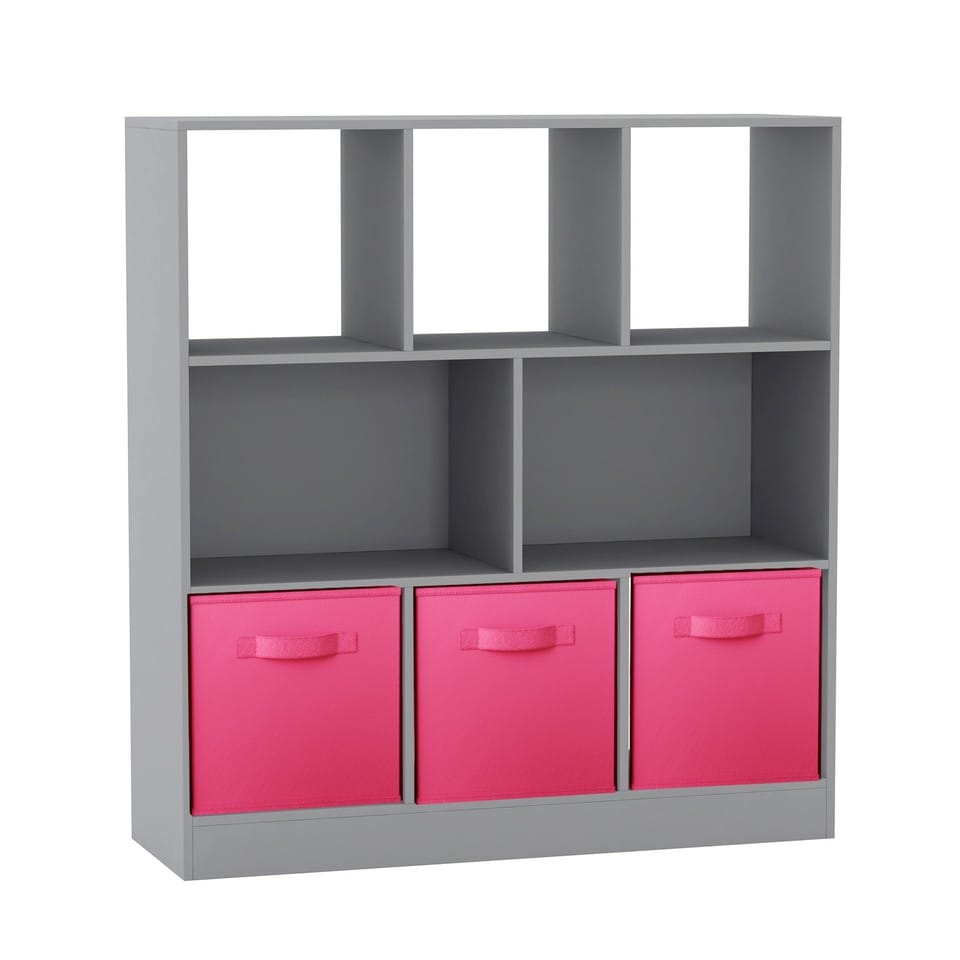 Asymmetrical 8 Grey Cube Bookcase Shelf Storage Unit with 3 Fabric Drawer Inserts Multi Grey & Dark pink 1