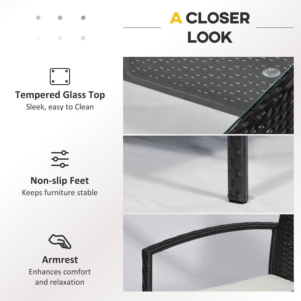 image 1 of Outsunny 4 Pieces Rattan Garden Furniture Set, 4 Seater Garden Sofa Set with Loveseat, Armchairs and Glass Top Table, Wicker Conservatory Furniture with Cushions for Patio, Balcony, Black