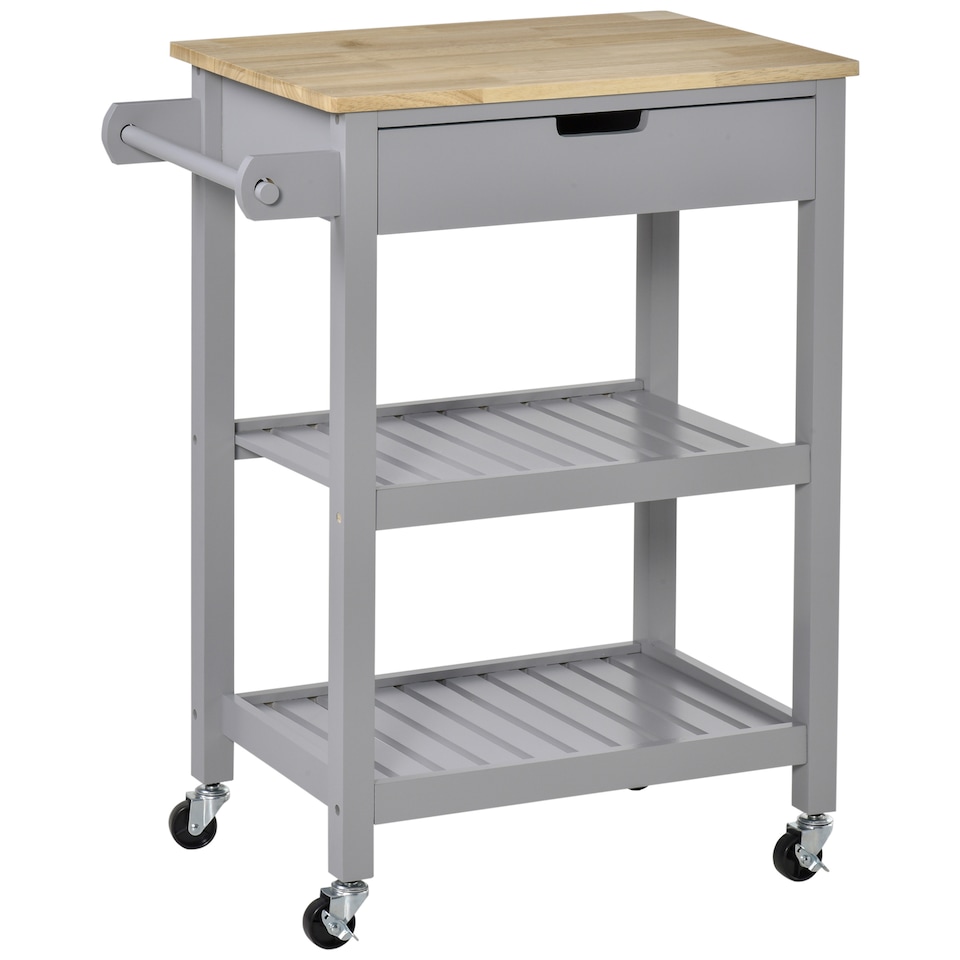 image 1 of HOMCOM Kitchen Trolley Utility Cart on Wheels with Rubberwood Worktop, Towel Rack, Storage Shelves & Drawer for Dining Room, Grey