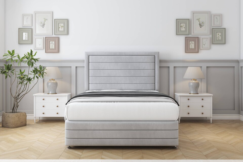 image 1 of Sloomy Ashford Silver Naples Divan Bed Base 2 Drawers Foot-End With 26 Inch Strutted Headboard & 12 Inch Matching Footboard | Silver | Silver | Small Double | 1