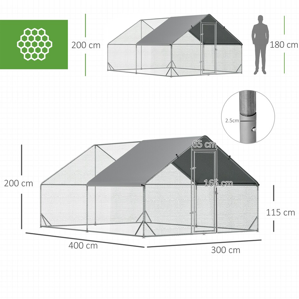 image 1 of PawHut Walk In Chicken Run Large Galvanized Chicken Coop w/ Cover 3 x 4 x 2m