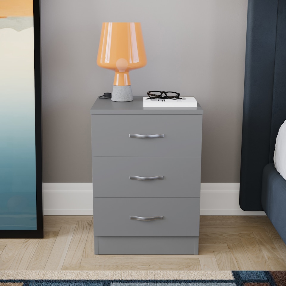 image 1 of Vida Designs Riano 3 Drawer Bedside Chest Cabinet Table Nightstand, Grey