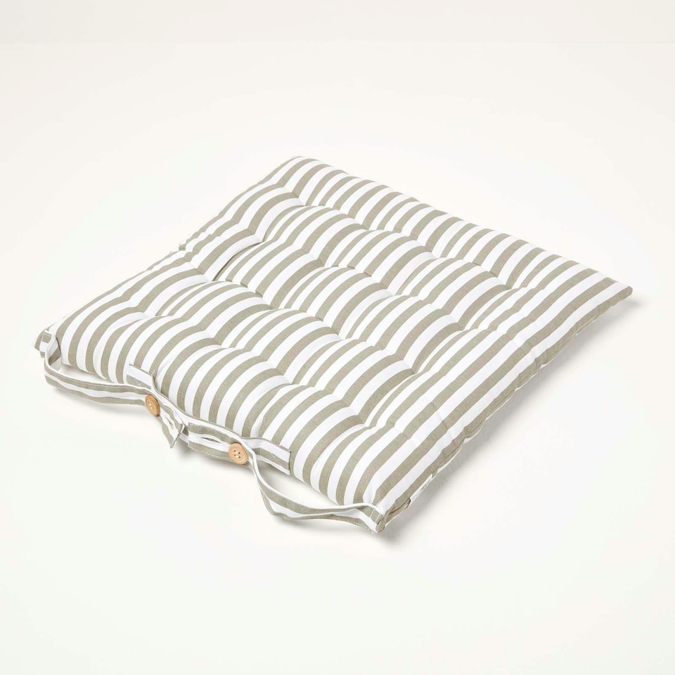 image 1 of Homescapes Grey Stripe Seat Pad with Button Straps 100% Cotton - 40 x 40 cm Grey