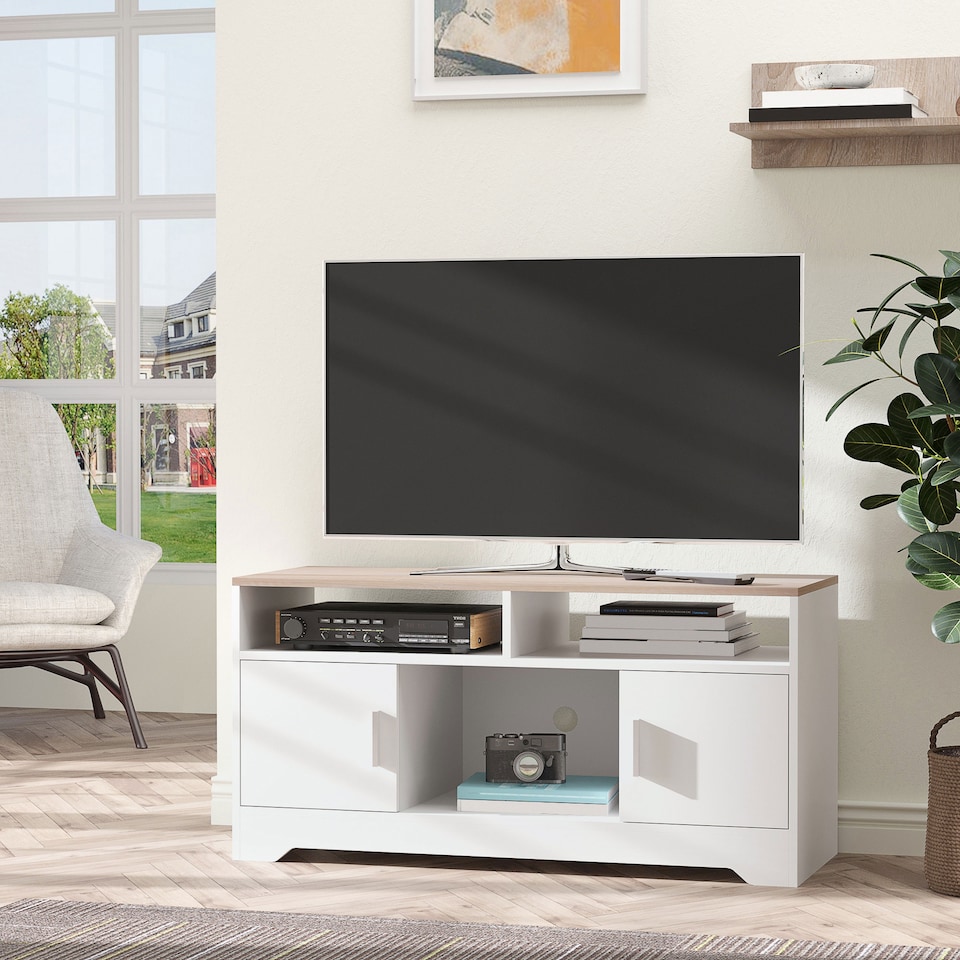 image 1 of HOMCOM TV Stand Cabinet up to 50 , Modern TV Unit with Storage, Open Shelves and Cable Management for Living Room, Bedroom, White