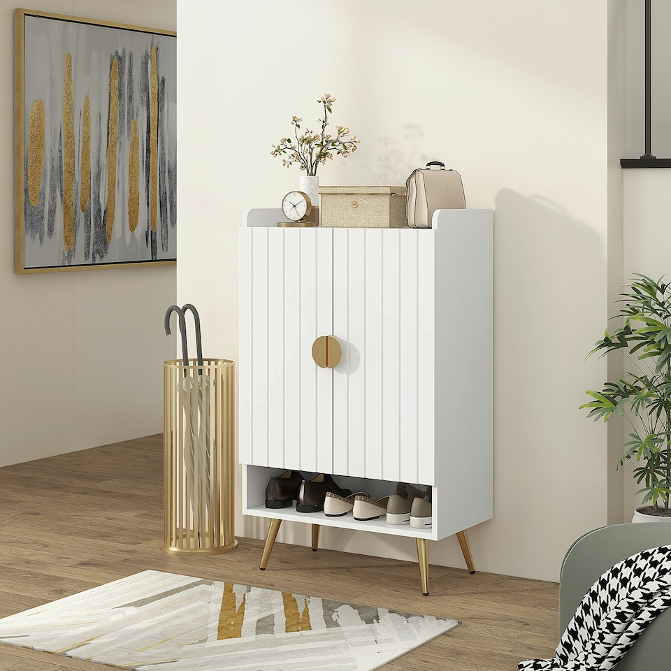 image 1 of HOMCOM Shoe Storage Cabinet with 2 Doors for 15 Pairs of Shoes, White