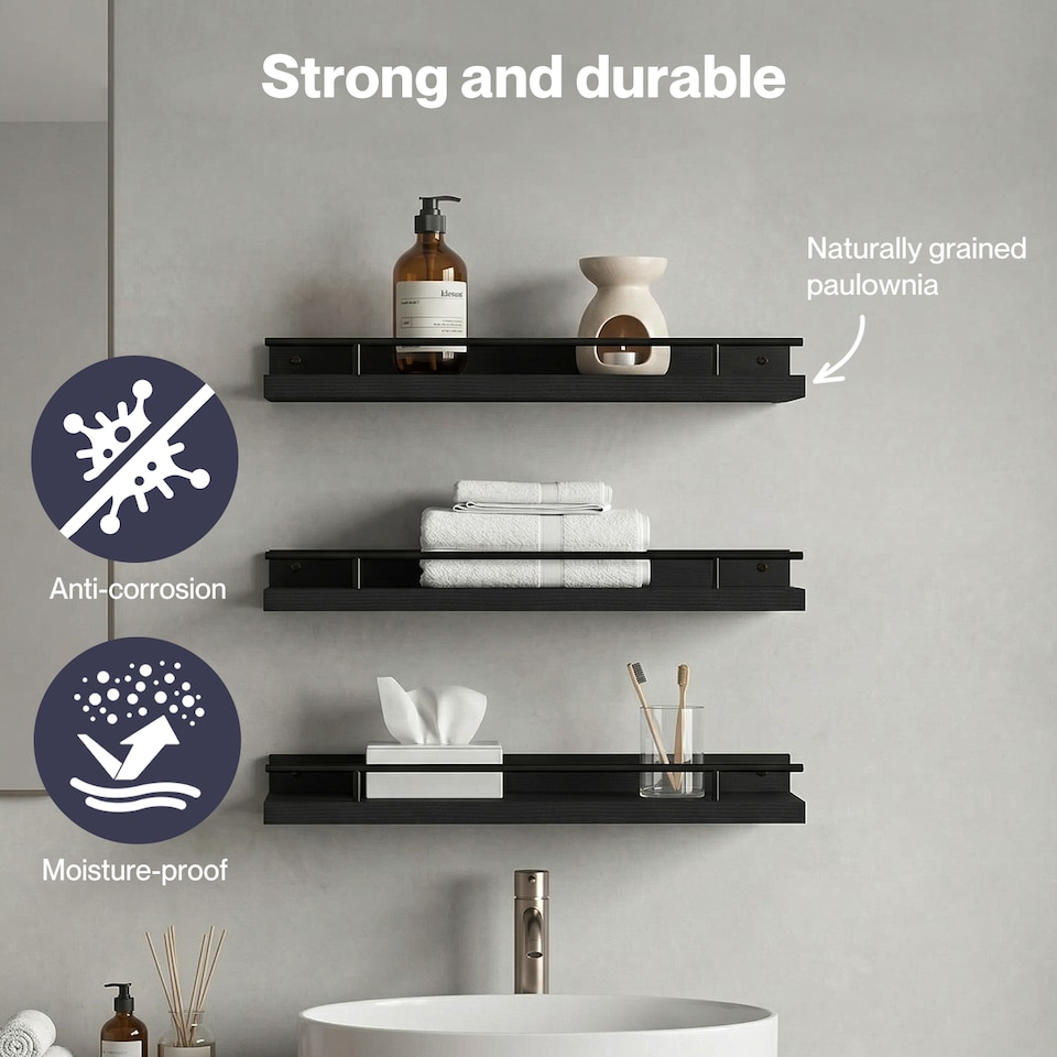 image 1 of Levede Floating Shelves Set of 3 Wooden Wall Mounted Shelves Storage Black