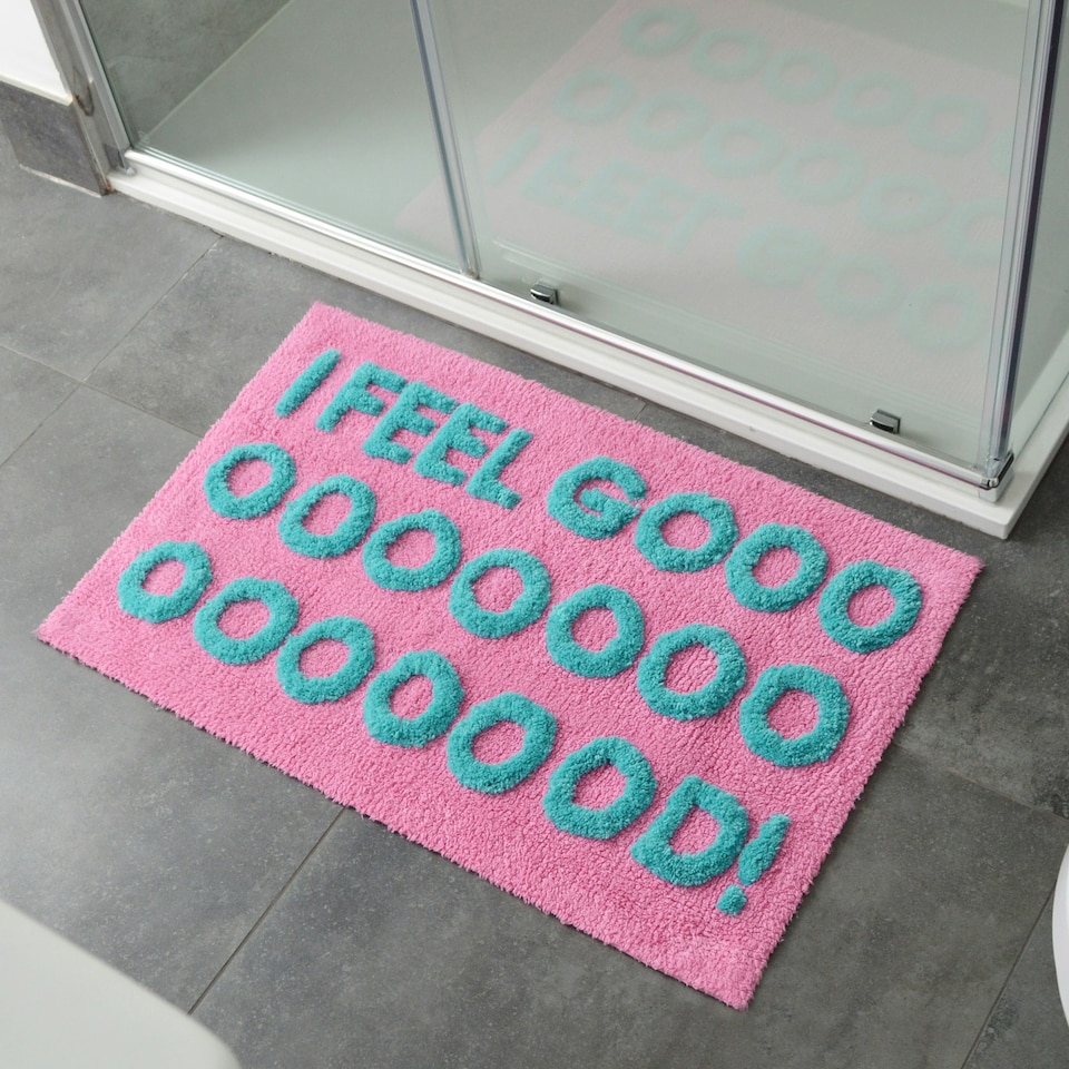 image 1 of I Feel Good Slogan Bath Mat Non Slip, Colourful Tufted Rug Pink