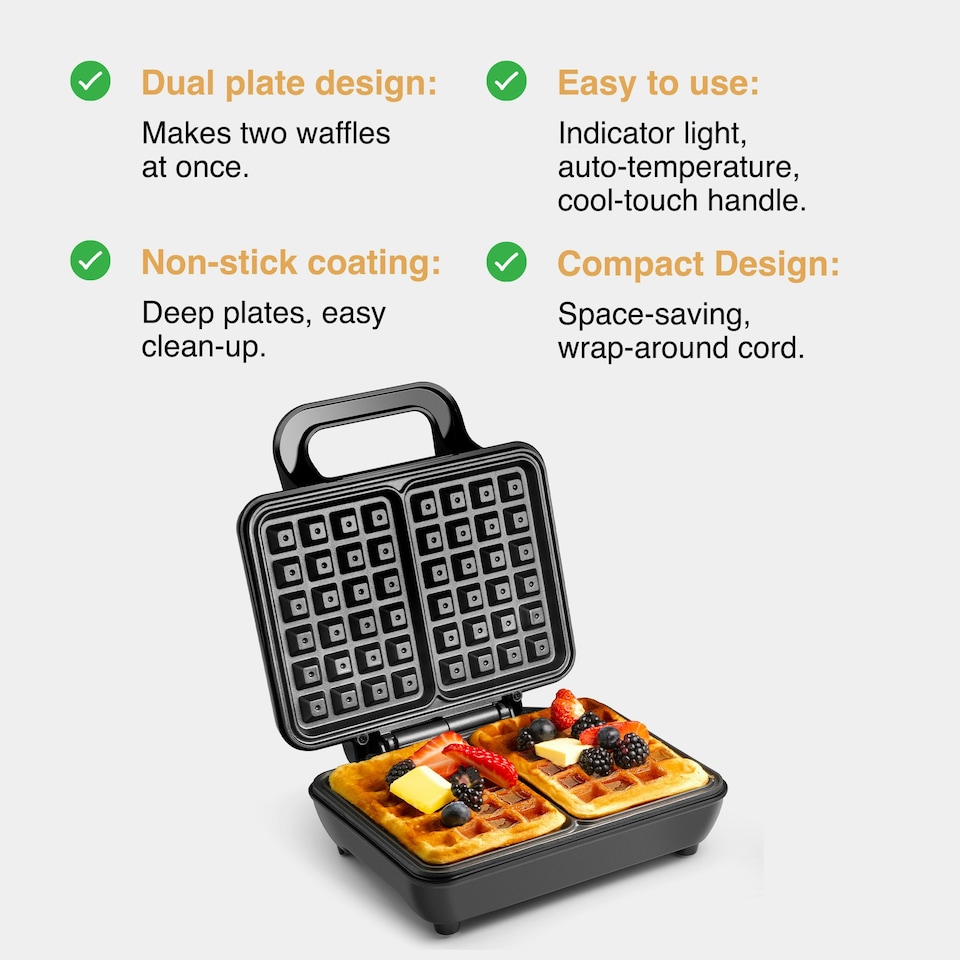 image 1 of VonShef Dual Belgian Waffle Maker W/ Non-Stick Plates 1000W