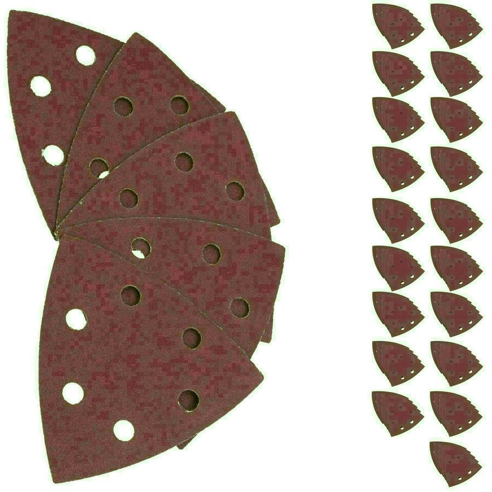 image 1 of Hook Loop Delta Sanding Abrasive Discs Pads 93mm Triangle 120 Grit Fine 100pc