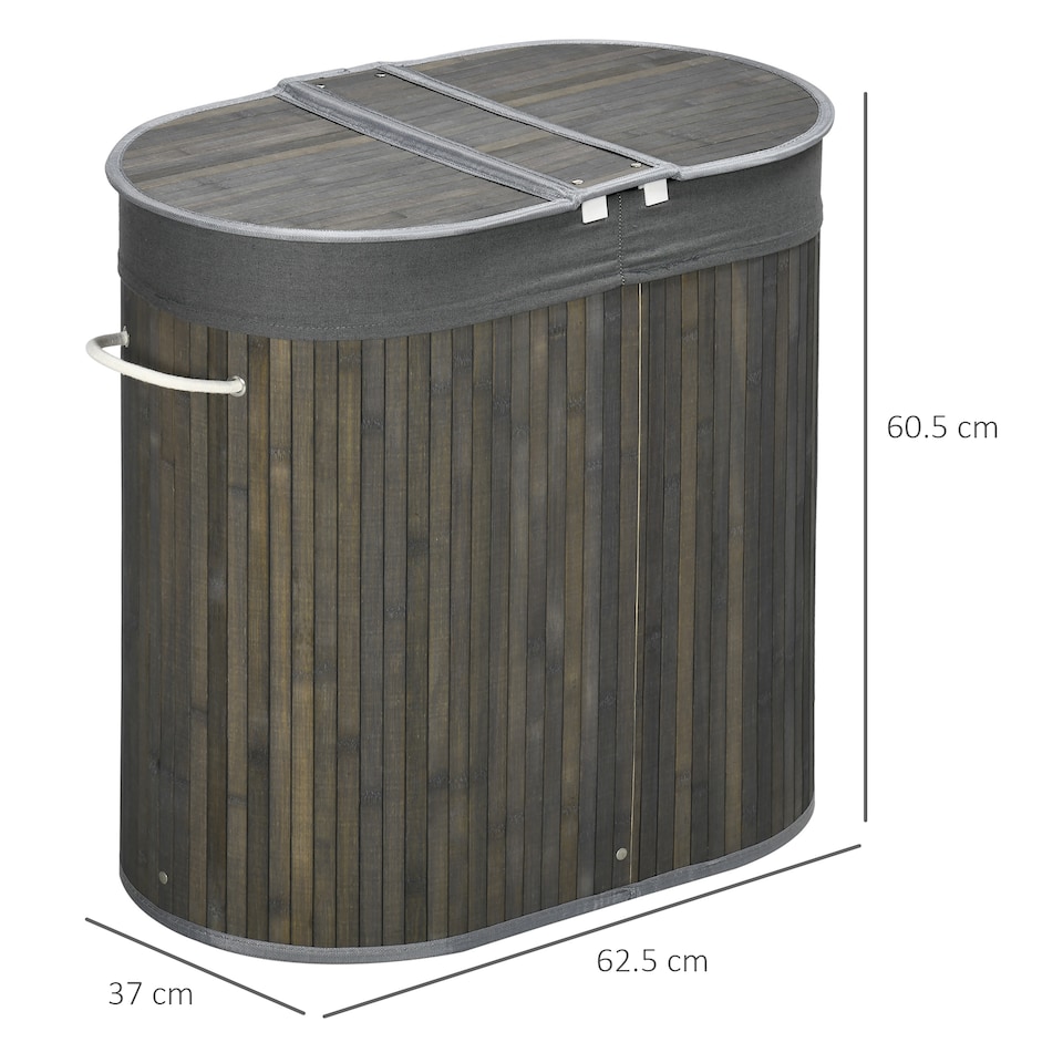 image 1 of HOMCOM Bamboo Laundry Basket with Lid, 100 Litres Laundry Hamper with 2 Sections, Removable Washable Lining, Washing Baskets, 62.5 x 37 x 60.5cm, Grey