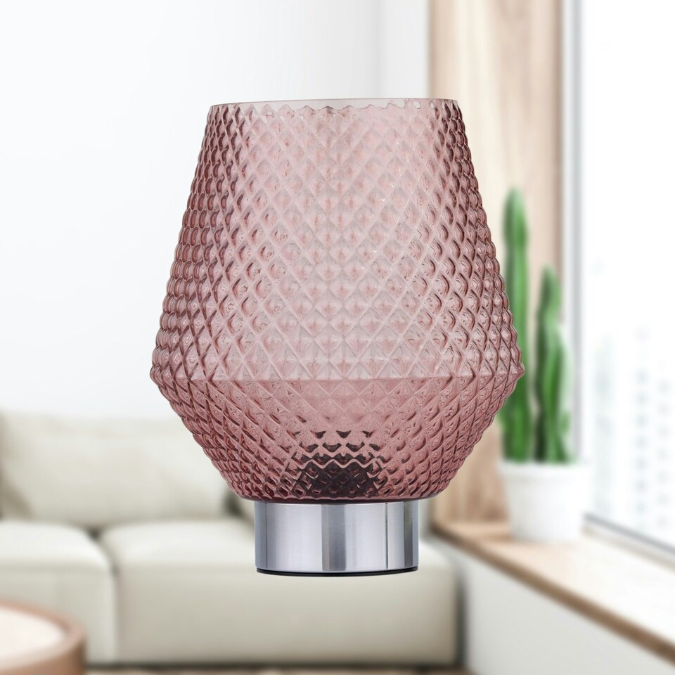 image 1 of Porter - Battery Operated Chrome Lamp with Pink Textured Glass Chrome | Pink