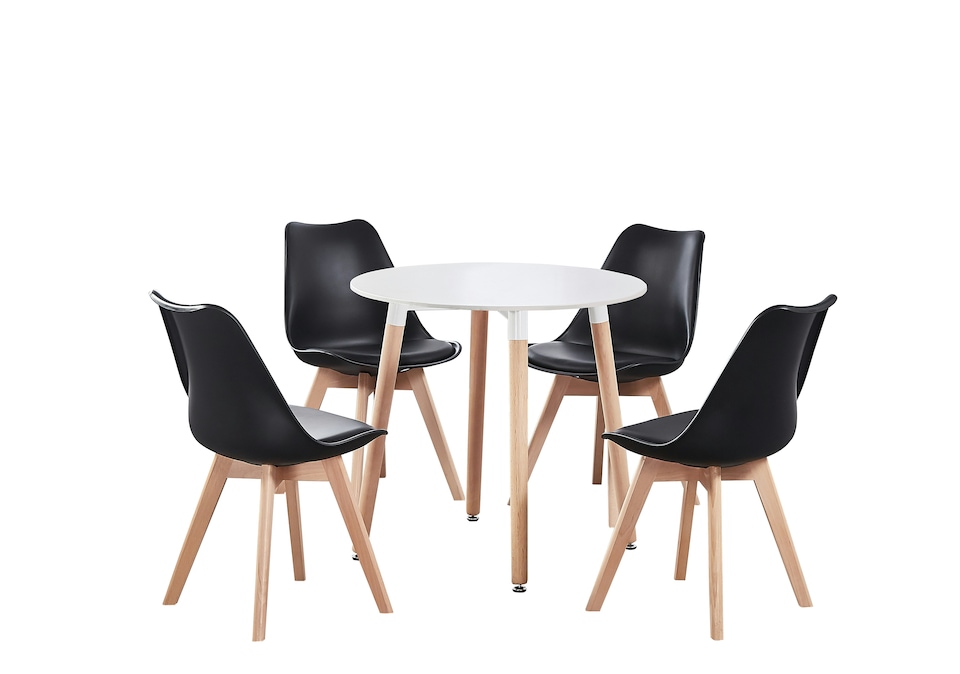 image 1 of 5PCs Dining Set - a White Round Dining Table & Set of 4 White Lorenzo Tulip chairs with Padded Seat | Black