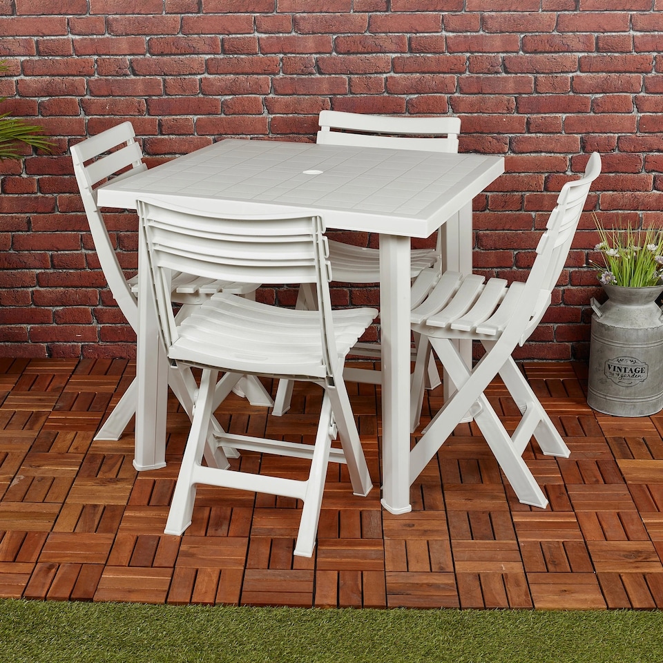 image 1 of White Plastic Garden Dining Table with Chairs Set Patio Deck Outdoor Furniture | White | White | 5 Piece Set