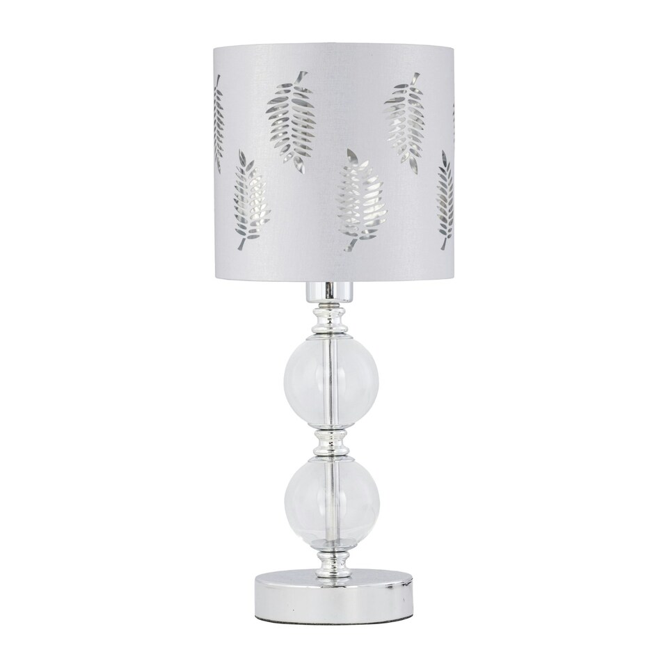image 1 of Set of 2 Chrome Two Ball Table Lamps with White Fern Shades Chrome | White