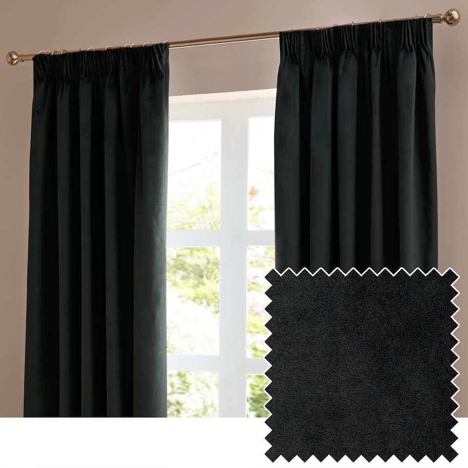 image 1 of furn. The Ultimate Velvet Blackout Pencil Pleat Curtain Pair, Black, (W)229x (D)183cm | Black | Black | One Size