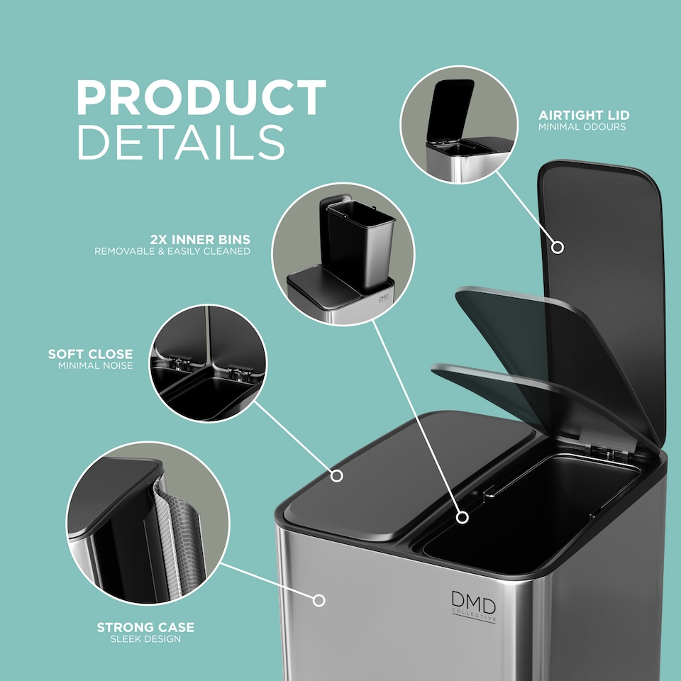 image 1 of DMD 30L Stainless Steel Recycling Bin, 2 x 15L Removable Plastic Recycling Buckets | Silver | Silver