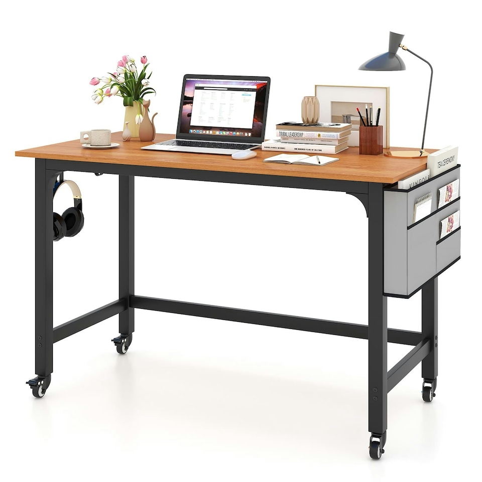 image 1 of COSTWAY Mobile Computer Desk 120cm Home Office Desk Teak Brown