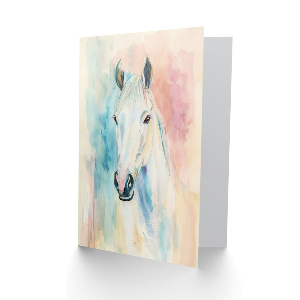 image 1 of Pastel Watercolour White Horse Head Portrait Him Her Birthday Card