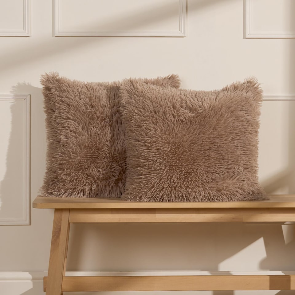 image 1 of OHS 2 x Fluffy Shaggy Soft Plush Cushion Covers, 45x45cm - Natural