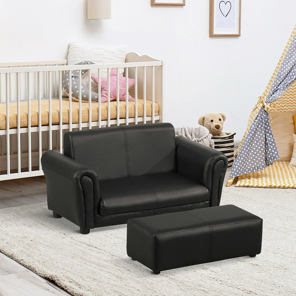 image 1 of HOMCOM Kids Twin Sofa 2 Seater Toddler Chair Double Seat Armchair w/ Footstool 