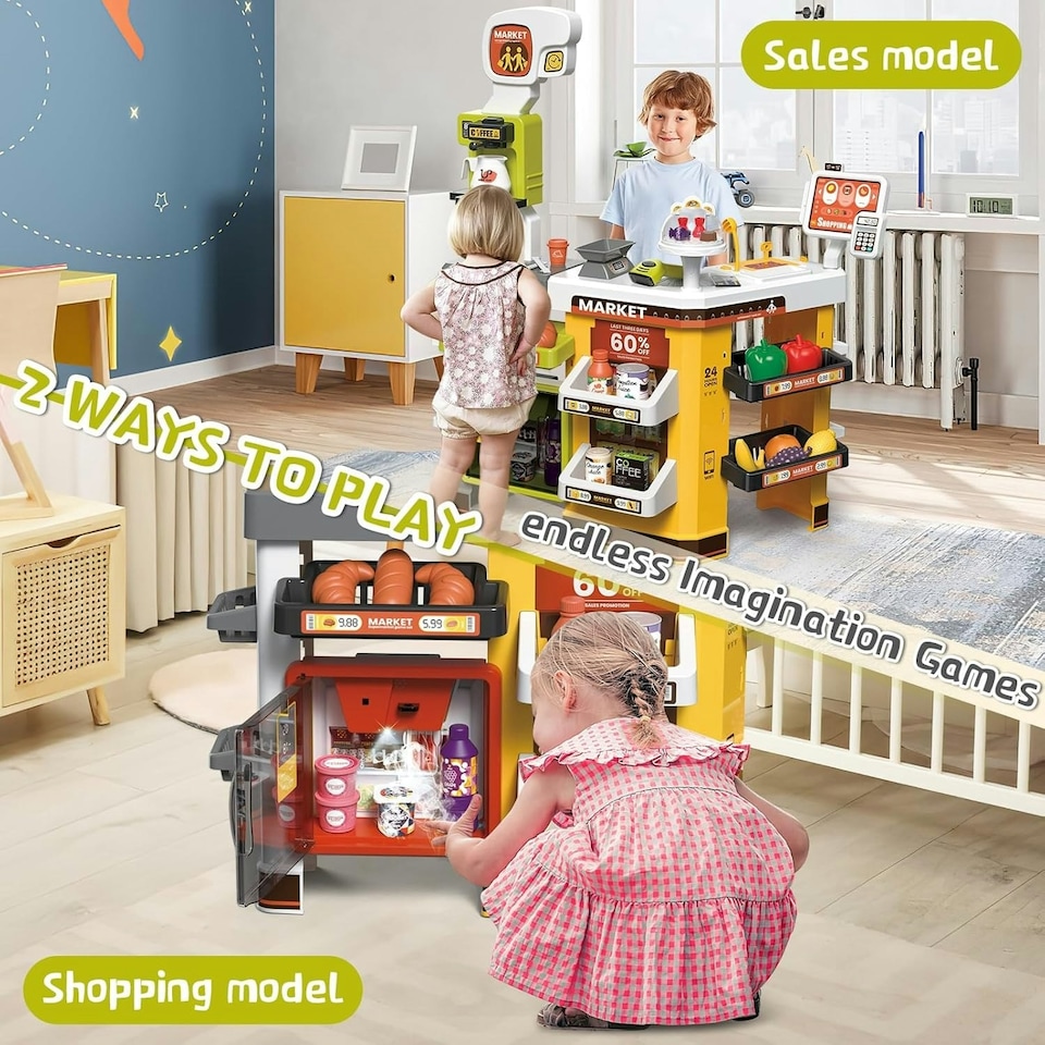 image 1 of Kids Supermarket Pretend Play Set - Cash Register with Scanner, Lights & Sounds, Shopping Cart, 65 Accessories, Play Money, Food Items & Freezer Smoke Effect, Educational Role Play Toy for Ages 3+