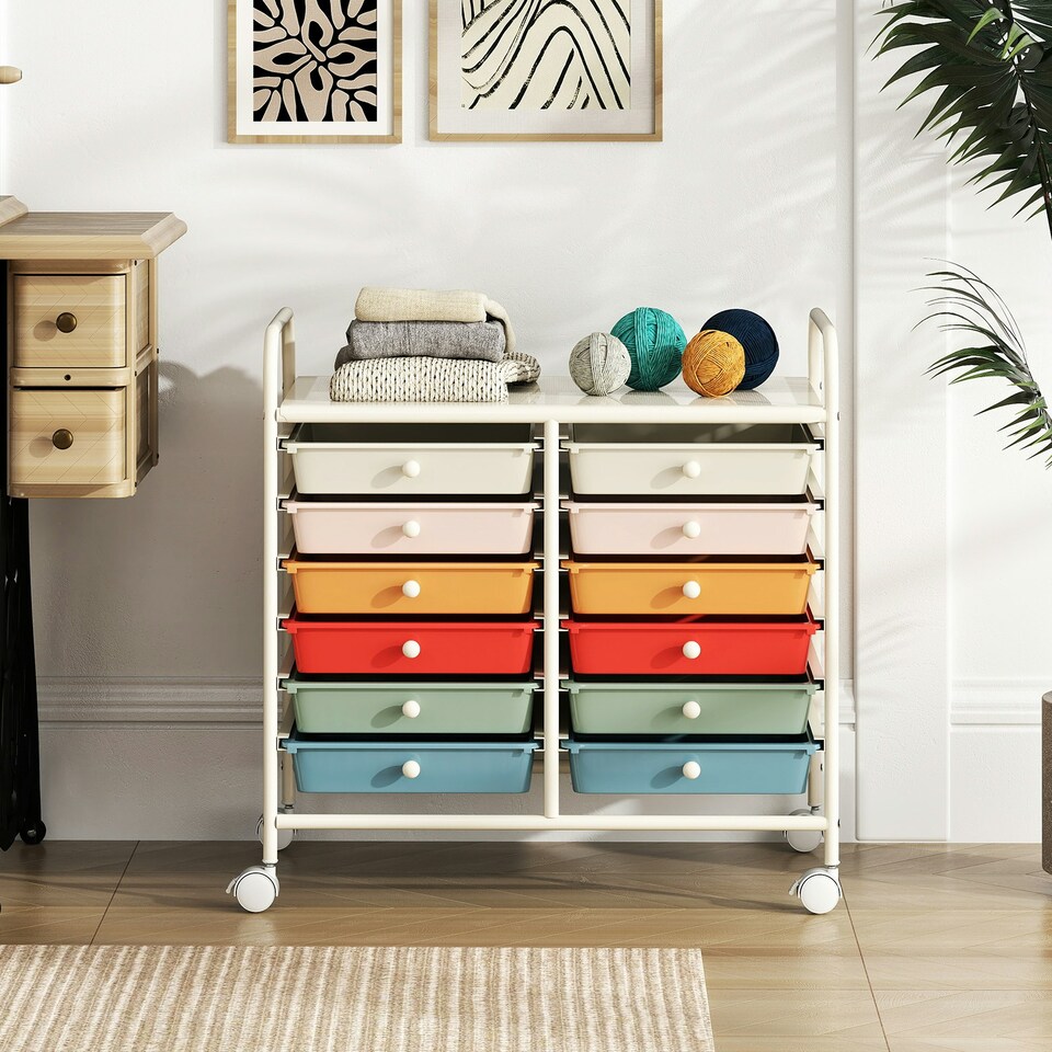 image 1 of COSTWAY 12 Drawers Utility Cart Storage Rolling Macaron