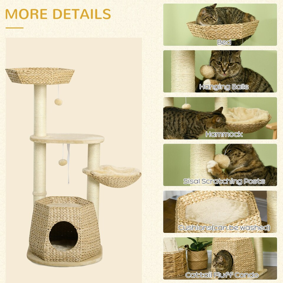 image 1 of PawHut Cat Tree Tower with Cattail Bed, Sisal Post, 119cm, Natural Tone
