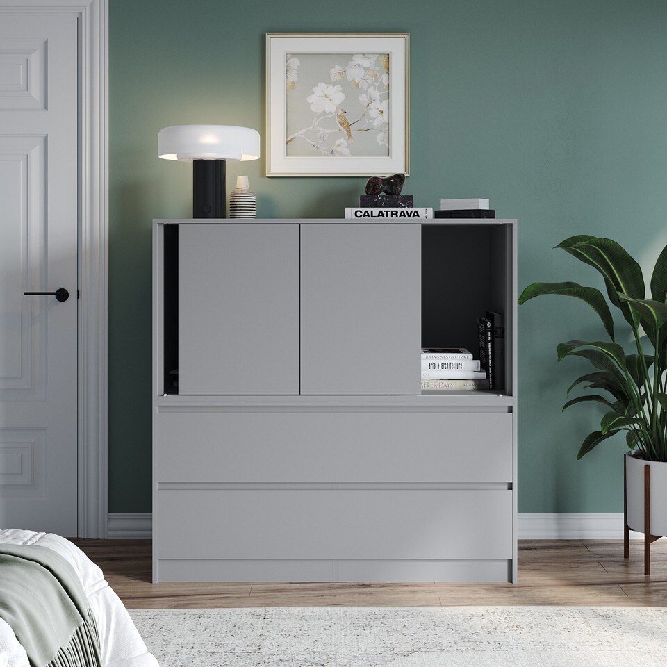 image 1 of 120cm 3 Sliding Door 4 Drawer Bedside Cabinet Storage End Unit Bedroom Furniture | Grey | Grey | 1