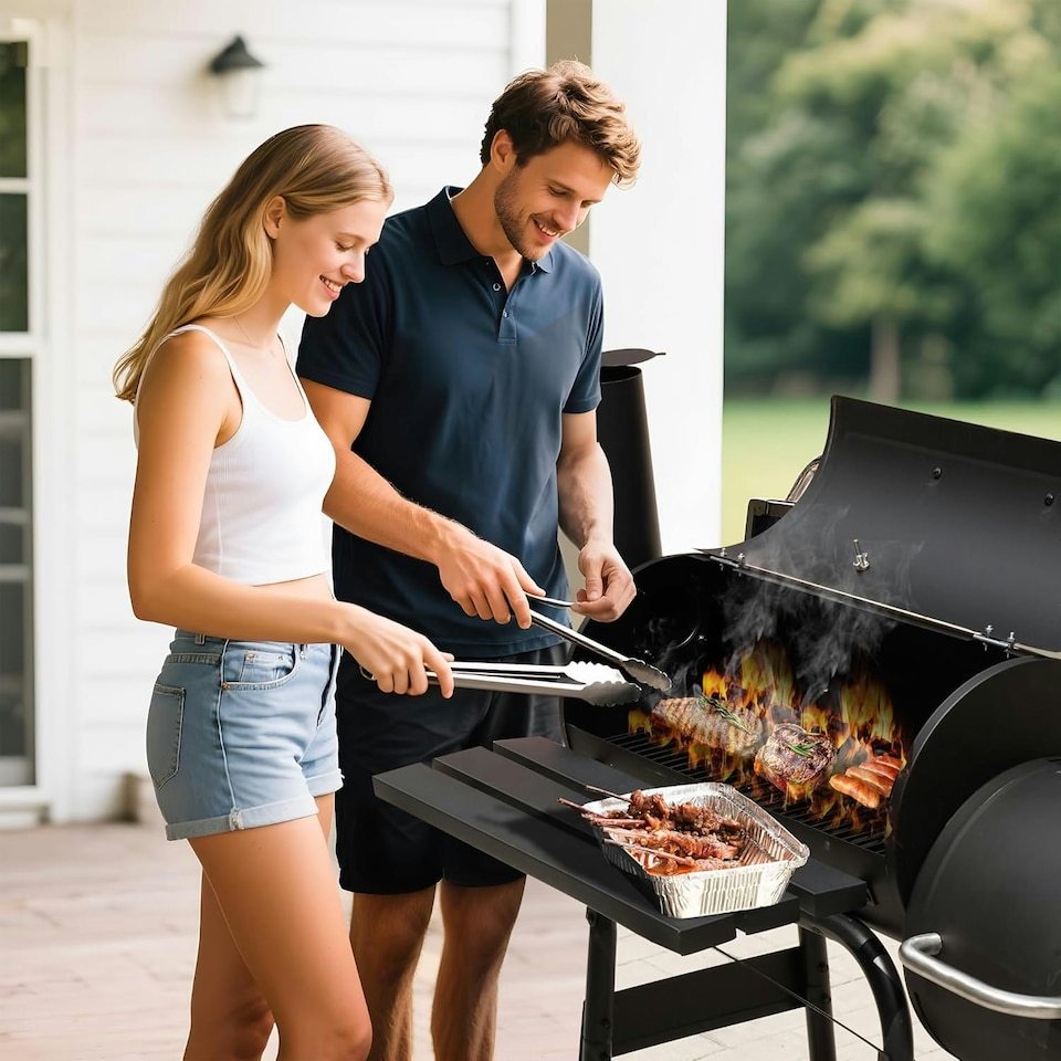 image 1 of Alivio Large Oil Drum Charcoal BBQ Grill with Offset Smoker
