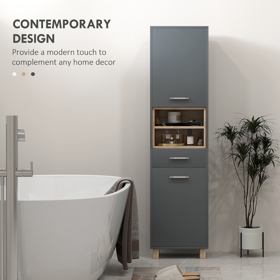 image 1 of HOMCOM Tall Bathroom Storage Cabinet, Bathroom Storage Unit, Freestanding Bathroom Cabinet with Open Shelves and Drawer | Grey | Grey